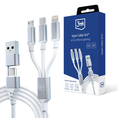 Nabíjací kábel USB-A / USB-C - Lightning / microUSB / USB-C 3MK Hyper 3in1, 12W, 1.5m, Biela