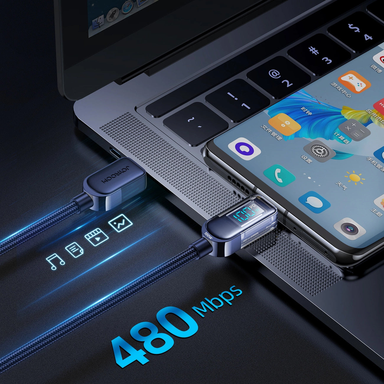 Dátový a nabíjací kábel USB-C - USB-C Joyroom A4 Display, 100W, 1.2m, Modrý