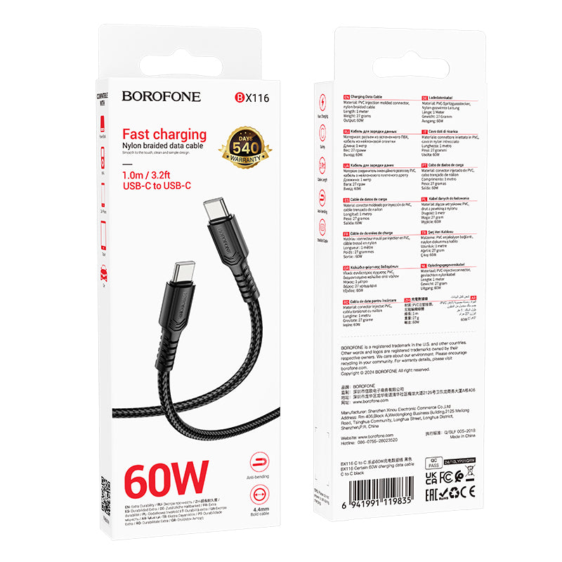 Dátový a nabíjací kábel USB-C - USB-C Borofone BX116 Certain, 60W, 1m, čierny