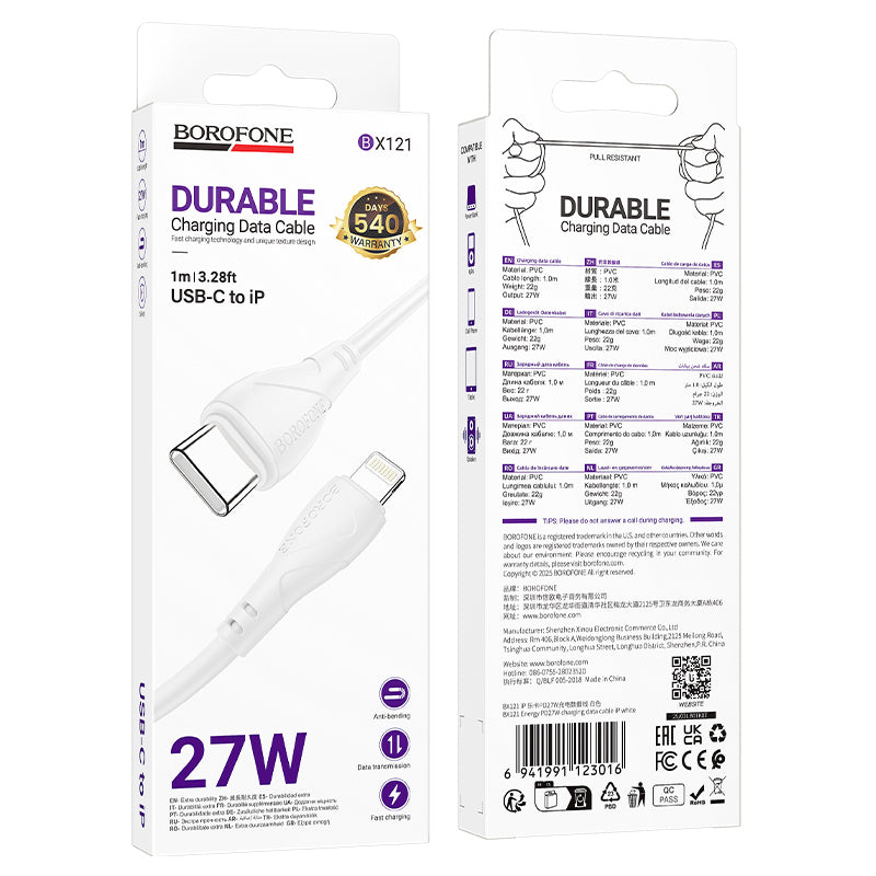 Dátový a nabíjací kábel USB-C - Lightning Borofone BX121 Energy, 27W, 1m, Biela