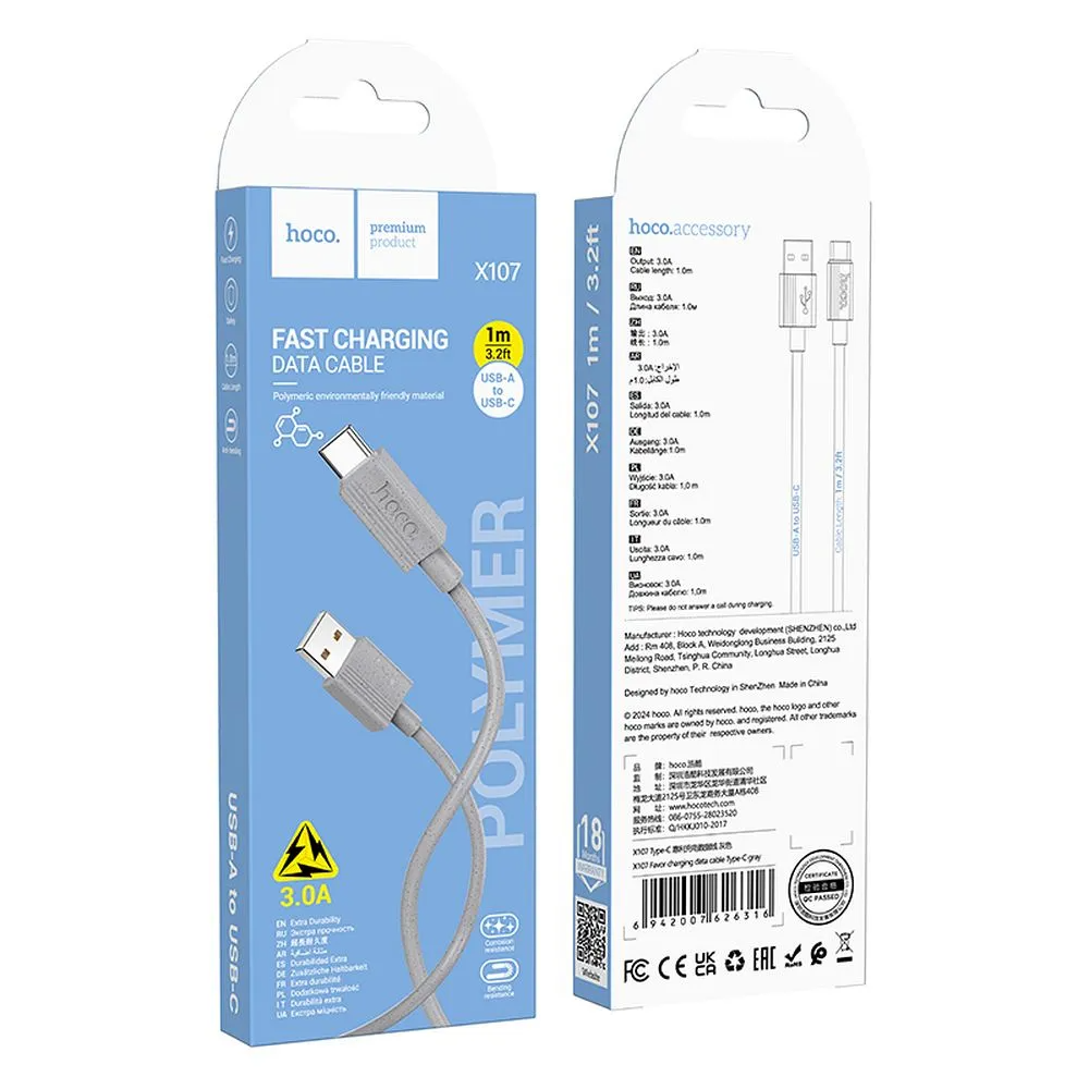 Dátový a nabíjací kábel USB-A - USB-C HOCO X107, 18W, 1m, Biela