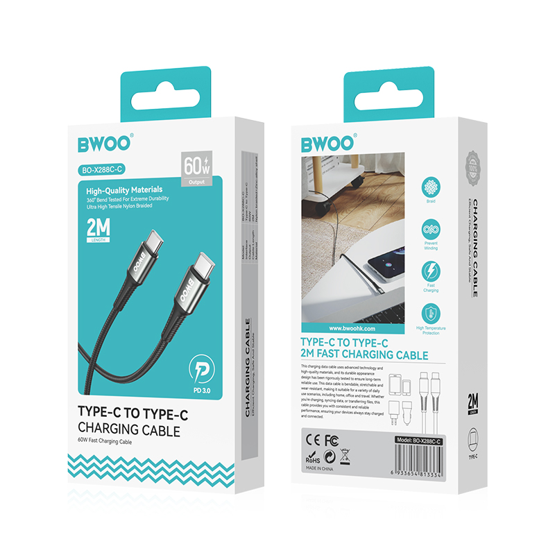 Dátový a nabíjací kábel USB-C - USB-C BWOO BO-X288C-C, 60W, 1m, čierny