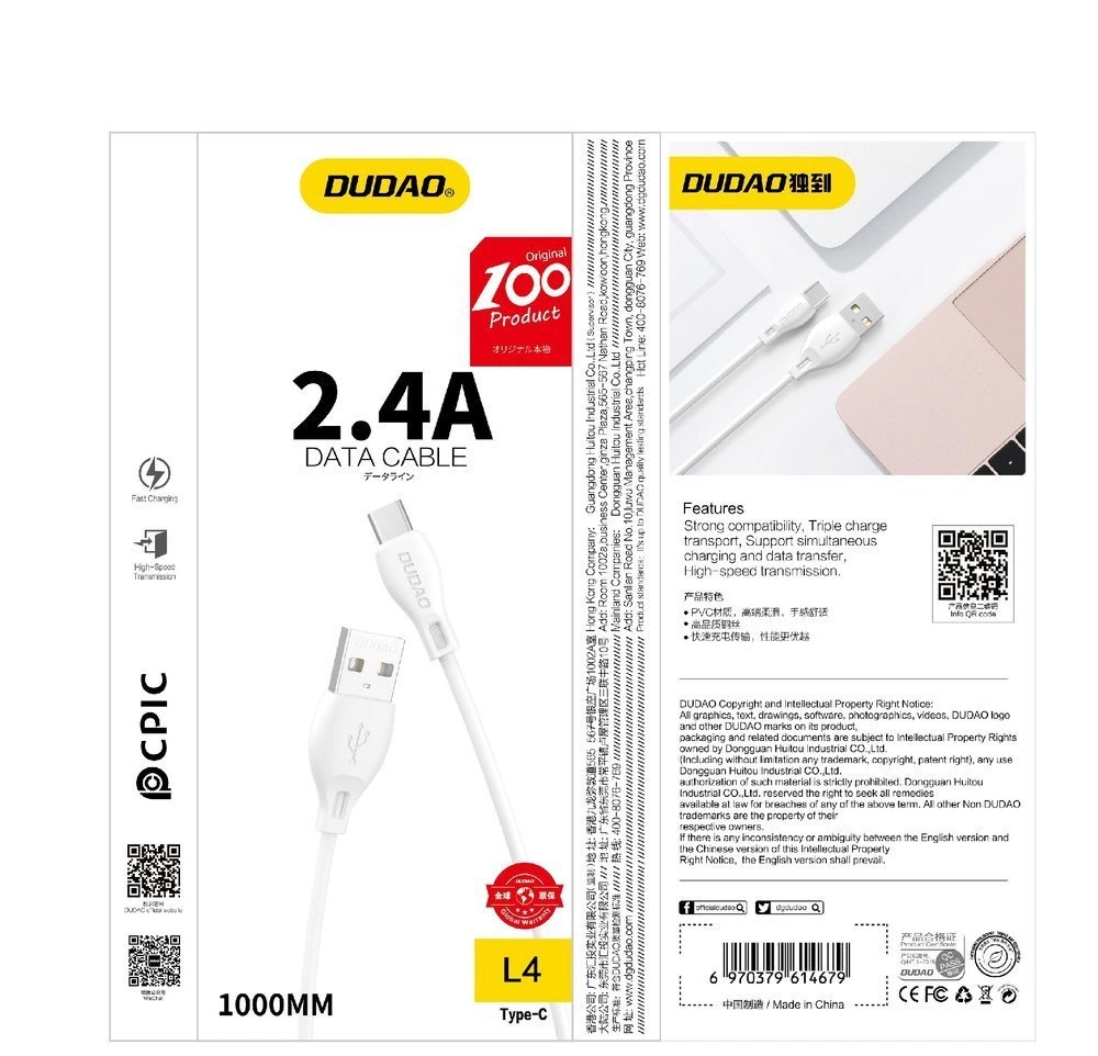 USB-A to Lightning Data and Charging Cable Dudao L4L, 18W, 1m, White