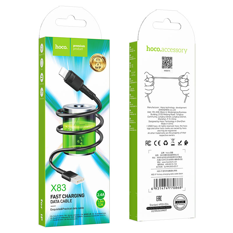 Dátový a nabíjací kábel USB-A - Lightning HOCO X83 Victory, 18W, 1m, čierny