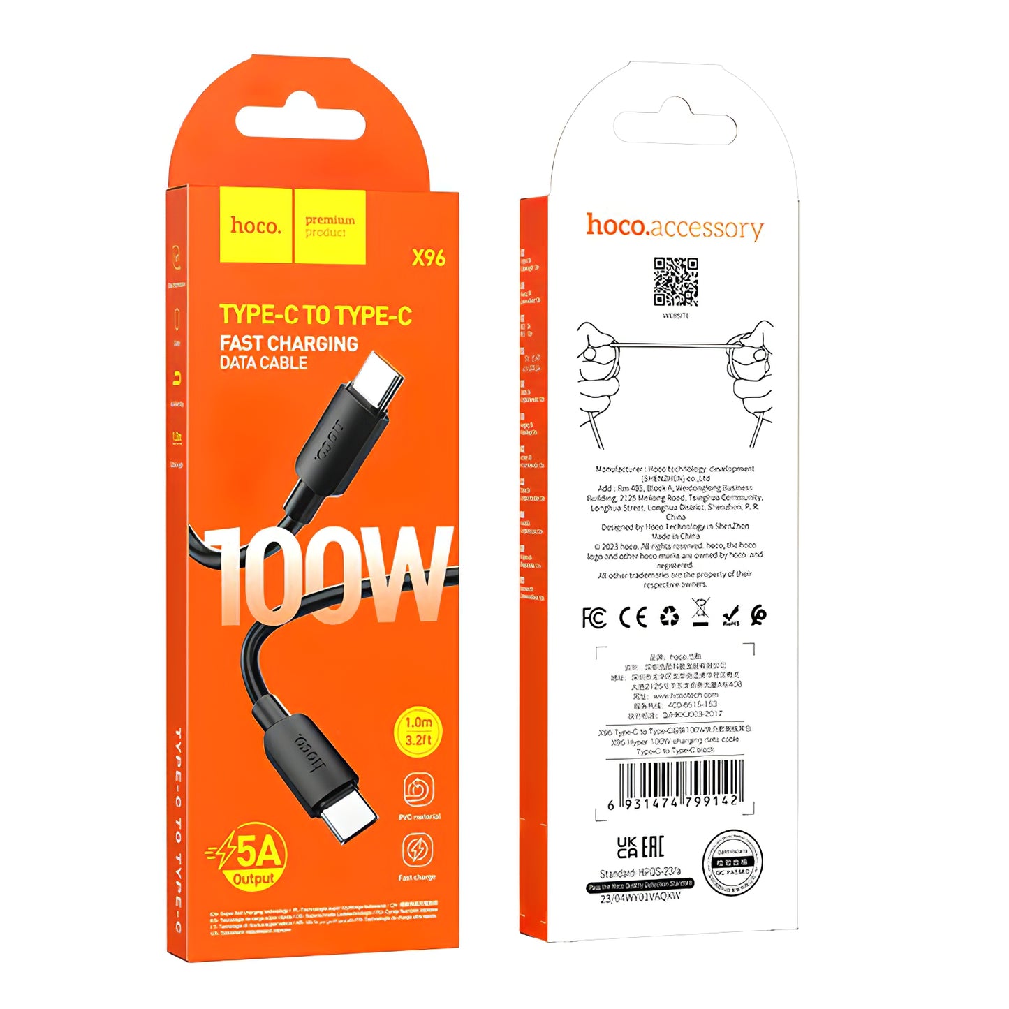 Dátový a nabíjací kábel USB-C - USB-C HOCO X96, 100W, 1m, čierny