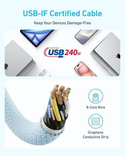 Dátový a nabíjací kábel USB-C - USB-C Anker Zolo, 240W, 1.8m, Čierny A8060H12