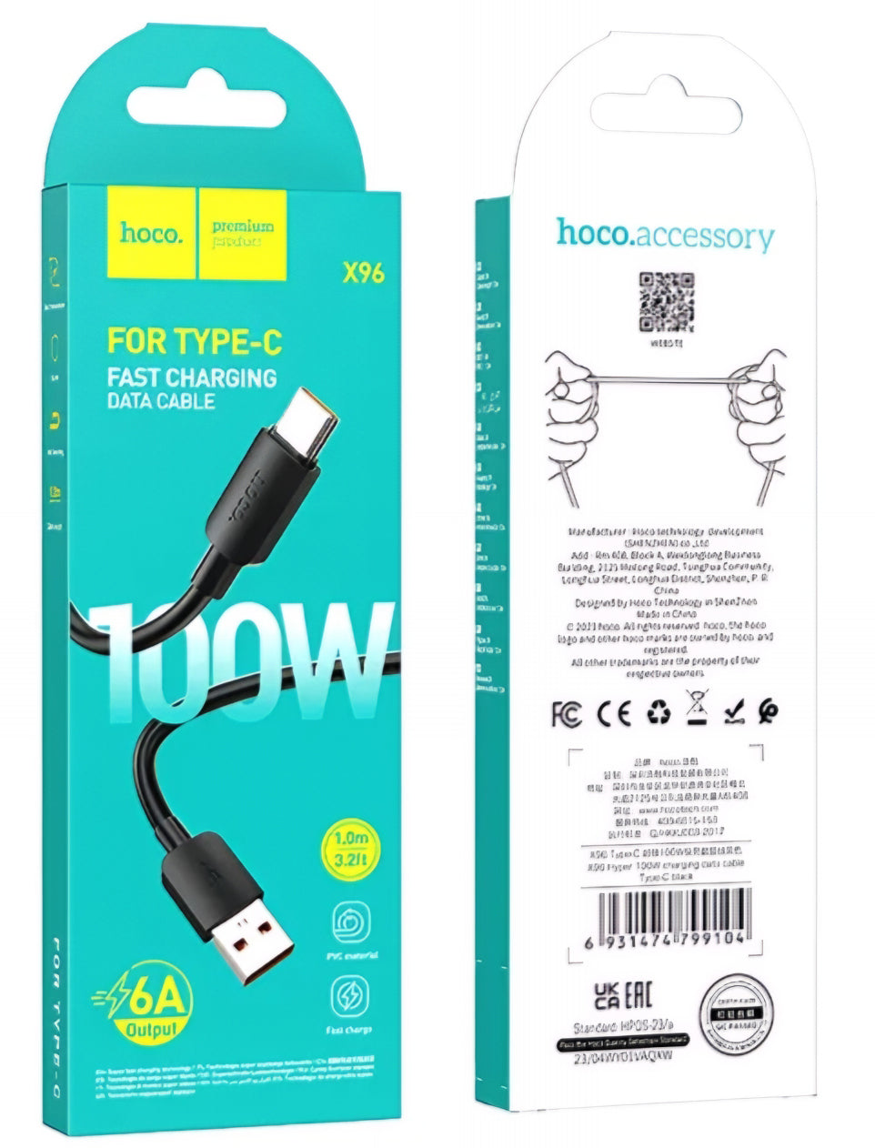 Dátový a nabíjací kábel USB-A - USB-C HOCO X96, 100 W, 1 m, čierny 