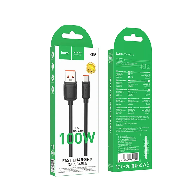 USB-A to USB-C Data and Charging Cable HOCO X115, 100W, 1m, Black