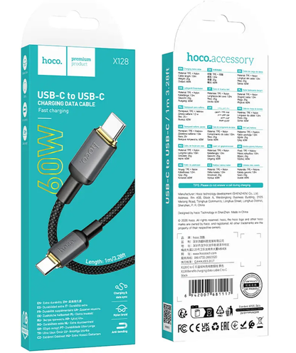 Dátový a nabíjací kábel USB-C - USB-C HOCO X128 Benefit, 60W, 1m, čierny
