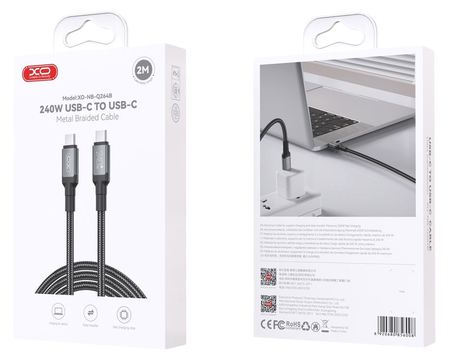 Dátový a nabíjací kábel USB-C - USB-C XO Design NB-Q264B, 240W, 2m, čierny