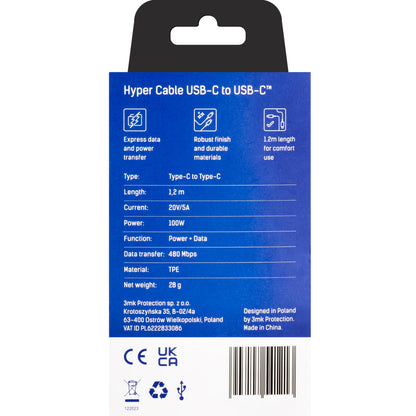 Dátový a nabíjací kábel USB-C - USB-C 3MK Hyper, 100W, 1.2m, čierny
