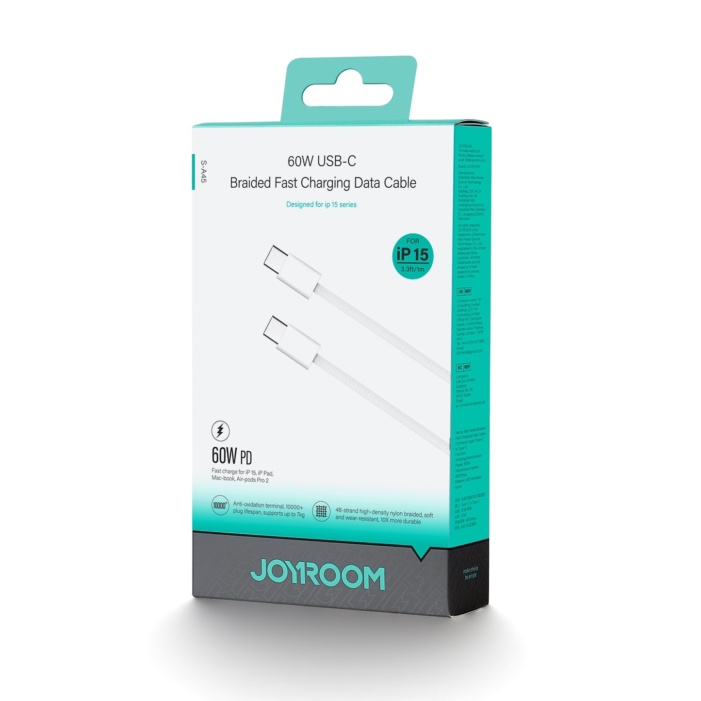Dátový a nabíjací kábel USB-C - USB-C Joyroom S-A45, 60 W, 1 m, biely 