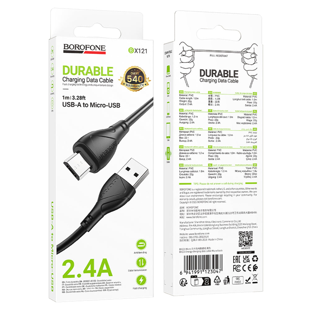 USB-A to microUSB Data and Charging Cable Borofone BX121 Energy, 18W, 1m, Black