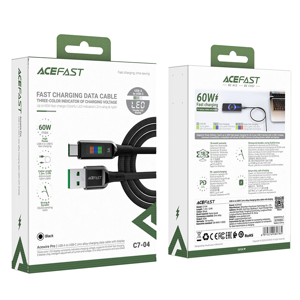 USB-A to USB-C Data and Charging Cable Acefast C7-04, 18W, 1.2m, Black