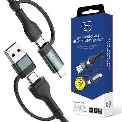Dátový a nabíjací kábel USB-A / USB-C - USB-C / Lightning 3MK Hyper N, 60W, 1.2m, čierny