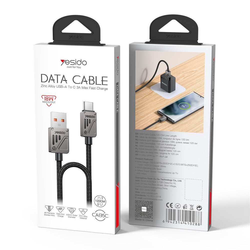 Dátový a nabíjací kábel USB-A - USB-C Yesido CA135C, 18W, 1.2m, Čierny