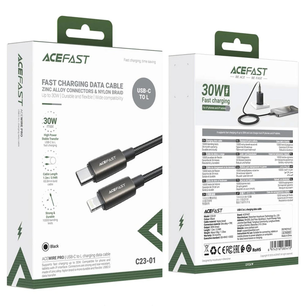 Dátový a nabíjací kábel USB-C - Lightning Acefast C23-01, 30W, 1.2m, čierny