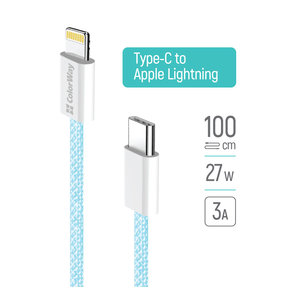 Dátový a nabíjací kábel USB-C - Lightning ColorWay CW-CBPDCL061, 27W, 1m, Modrý