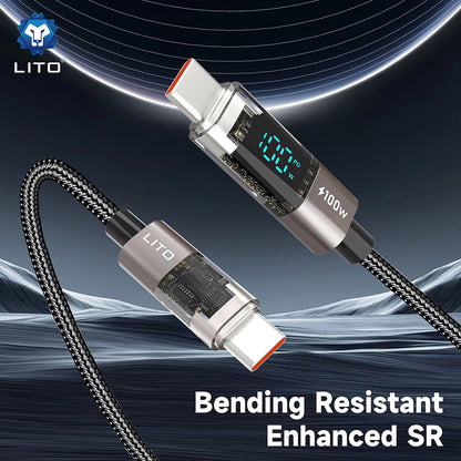 Dátový a nabíjací kábel USB-C - Lightning Lito LD09CC Display, 100W, 1.2m, Čierny