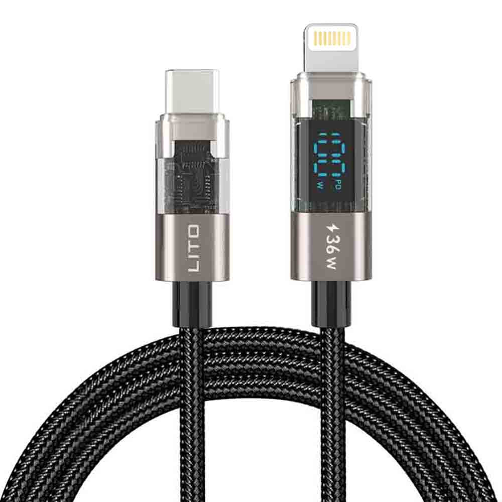 Dátový a nabíjací kábel USB-C - Lightning Lito LD09CL Display, 36W, 1.2m, Čierny