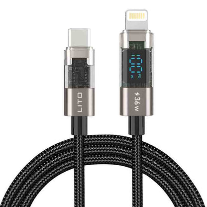 Dátový a nabíjací kábel USB-C - Lightning Lito LD09CL Display, 36W, 1.2m, Čierny