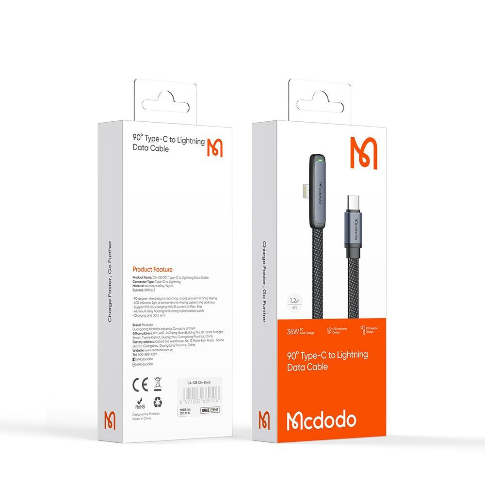 Dátový a nabíjací kábel USB-C - Lightning McDodo CA-3350 Angled, 36W, 1.2m, čierny
