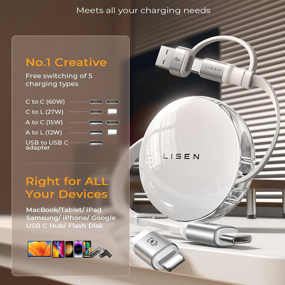 Dátový a nabíjací kábel USB-C / USB-A - USB-C / Lightning Lisen, 60W, 1m, biely YL0123030001