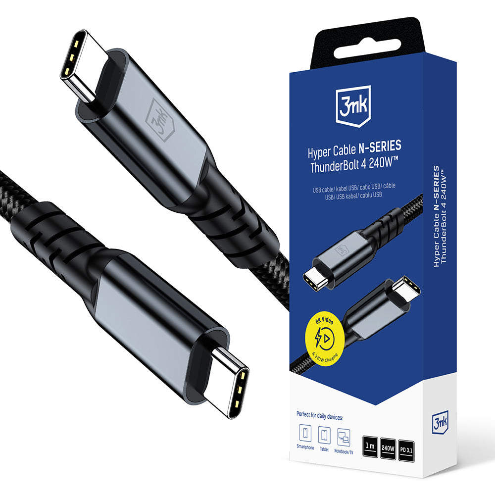 Dátový a nabíjací kábel USB-C - USB-C 3MK Hyper Thunderbolt 4, 240W, 1m, Čierny