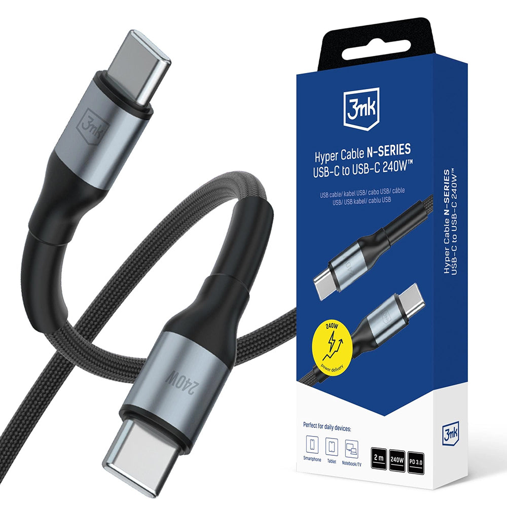 USB-C dátový a nabíjací kábel - USB-C 3MK Hyper N, 240W, 2m, čierny