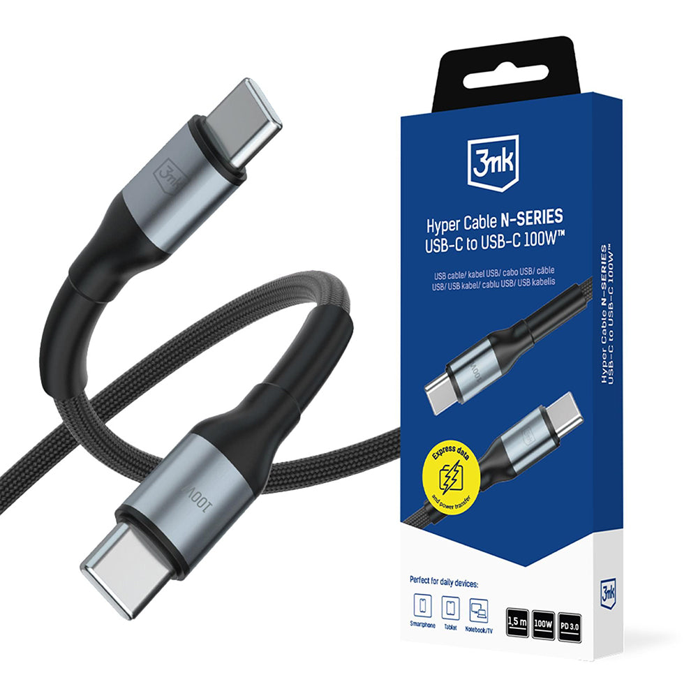 USB-C dátový a nabíjací kábel - USB-C 3MK Hyper N, 100W, 1,5 m, čierny