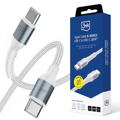 Dátový a nabíjací kábel USB-C - USB-C 3MK Hyper N, 100W, 1m, Biela