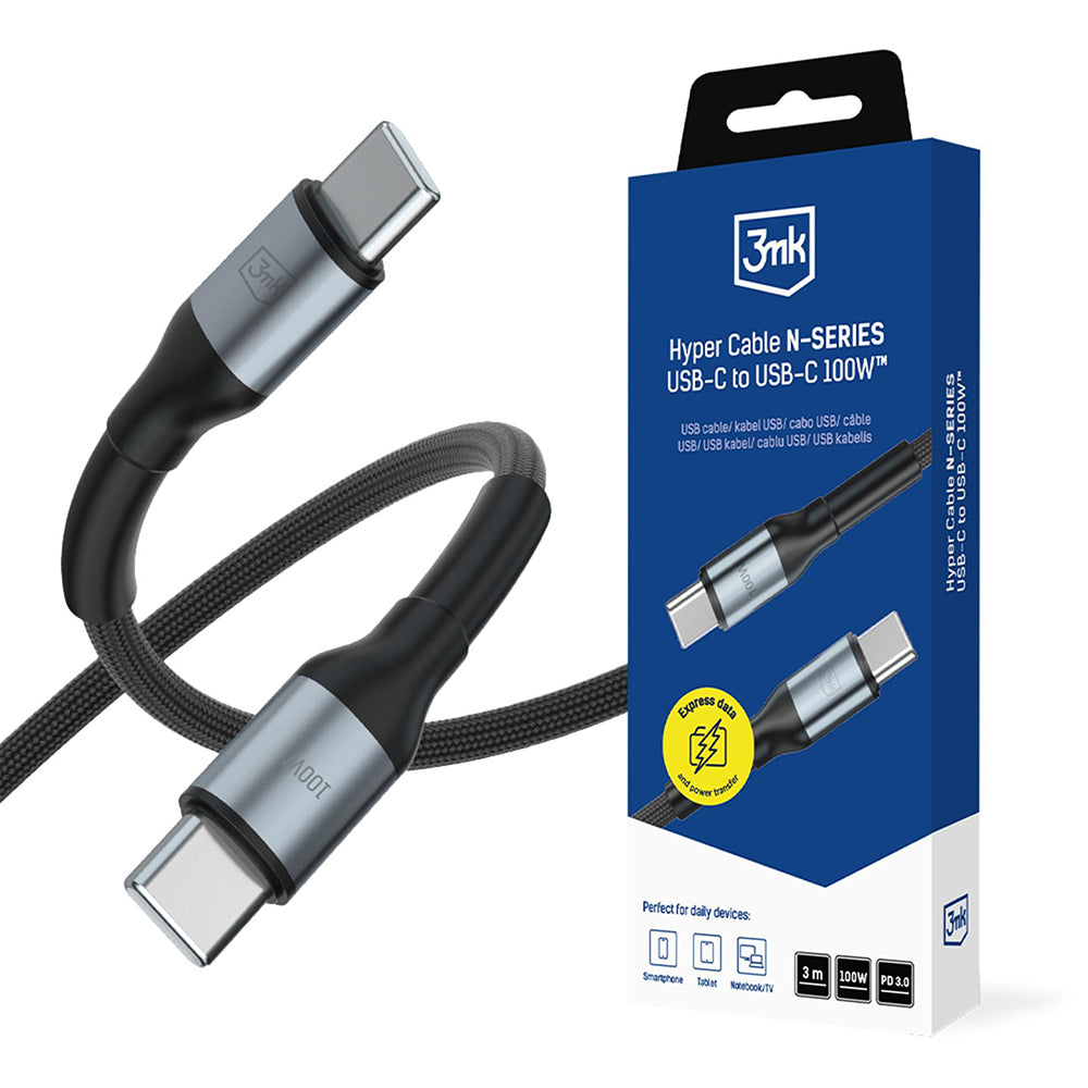 USB-C dátový a nabíjací kábel - USB-C 3MK Hyper N, 100W, 3m, čierny