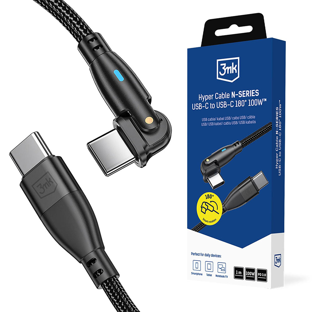 USB-C dátový a nabíjací kábel - USB-C 3MK Hyper N Angled, 100W, 1m, čierny