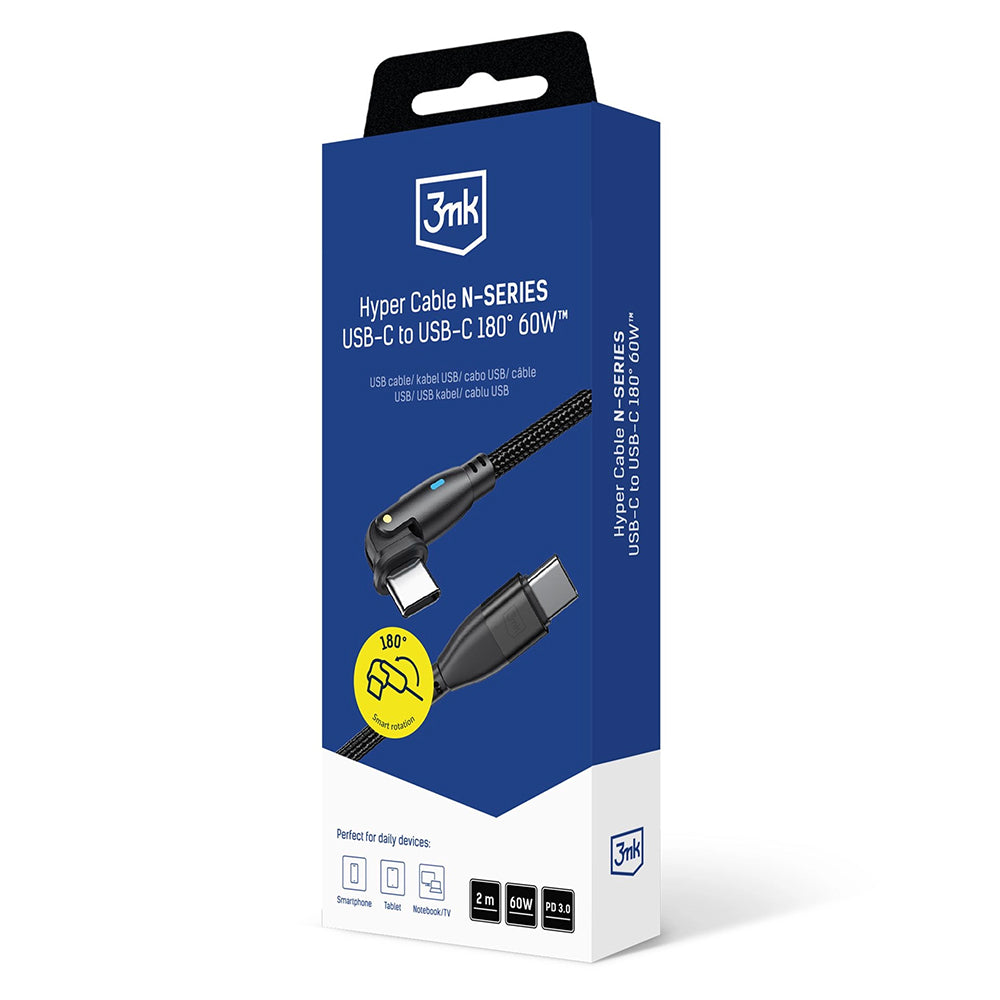 Dátový a nabíjací kábel USB-C - USB-C 3MK Hyper N Angled, 60W, 2m, Čierny