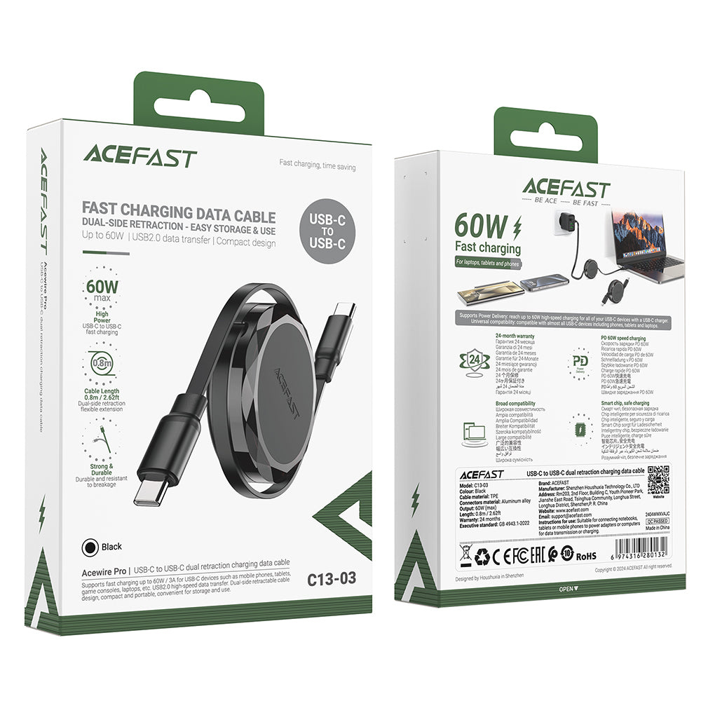 Dátový a nabíjací kábel USB-C - USB-C Acefast C13-03, 60W, 0.8m, čierny