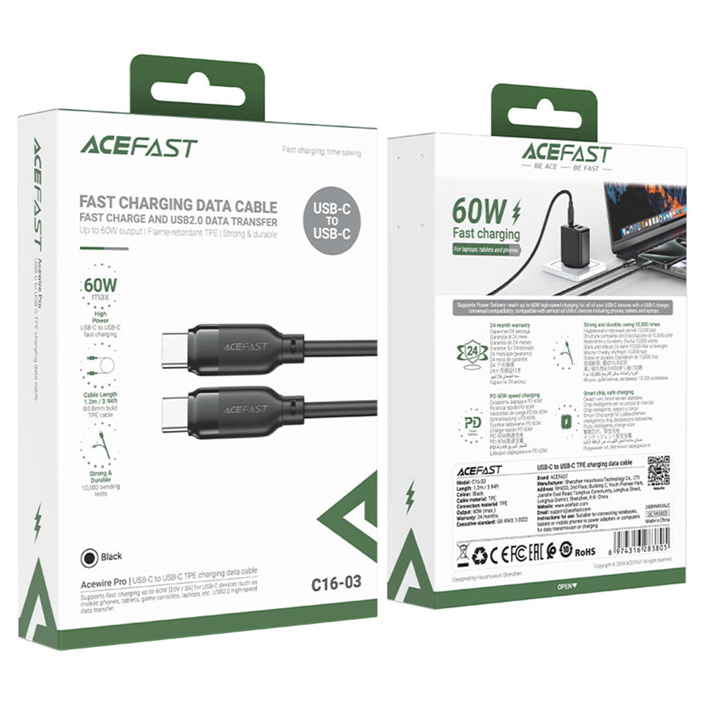 Dátový a nabíjací kábel USB-C - USB-C Acefast C16-03, 60W, 1.2m, čierny