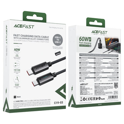 USB-C Data and Charging Cable - USB-C Acefast C19-03, 60W, 1.2m, Black
