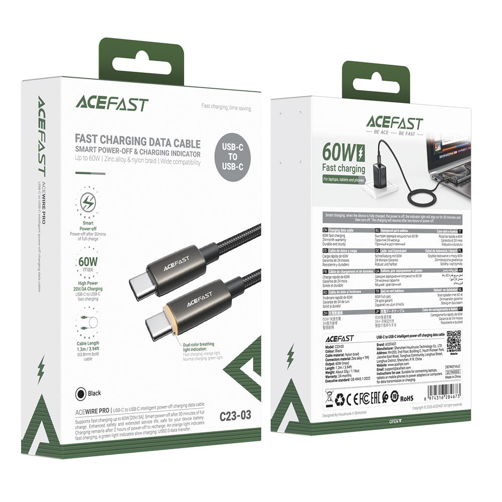 Dátový a nabíjací kábel USB-C - USB-C Acefast C23-03, 60W, 1.2m, čierny