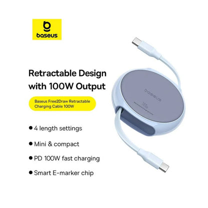 Dátový a nabíjací kábel USB-C - USB-C Baseus Pathfinder Retractable, 100W, 1m, Modrý P10368400311-00