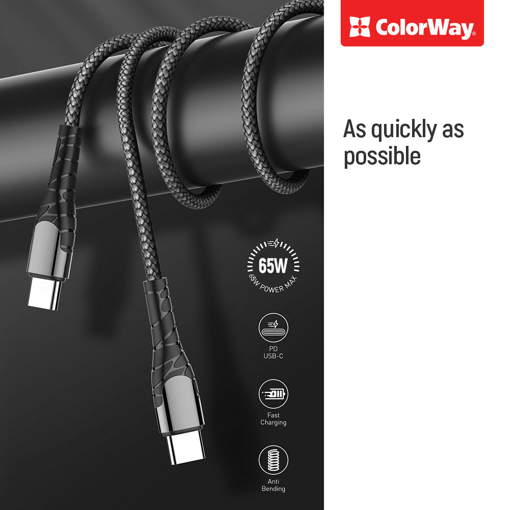 Dátový a nabíjací kábel USB-C - USB-C ColorWay CW-CBPDCC040, 65W, 1m, Sivý