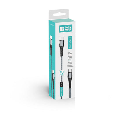 Dátový a nabíjací kábel USB-C - USB-C ColorWay CW-CBPDCC040, 65W, 1m, Sivý
