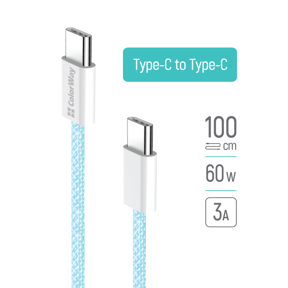 Dátový a nabíjací kábel USB-C - USB-C ColorWay CW-CBPDCC061, 60W, 1m, Modrý