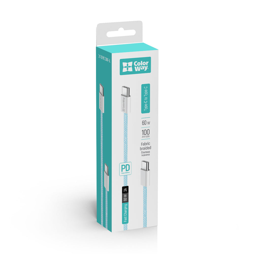 Dátový a nabíjací kábel USB-C - USB-C ColorWay CW-CBPDCC061, 60W, 1m, Modrý