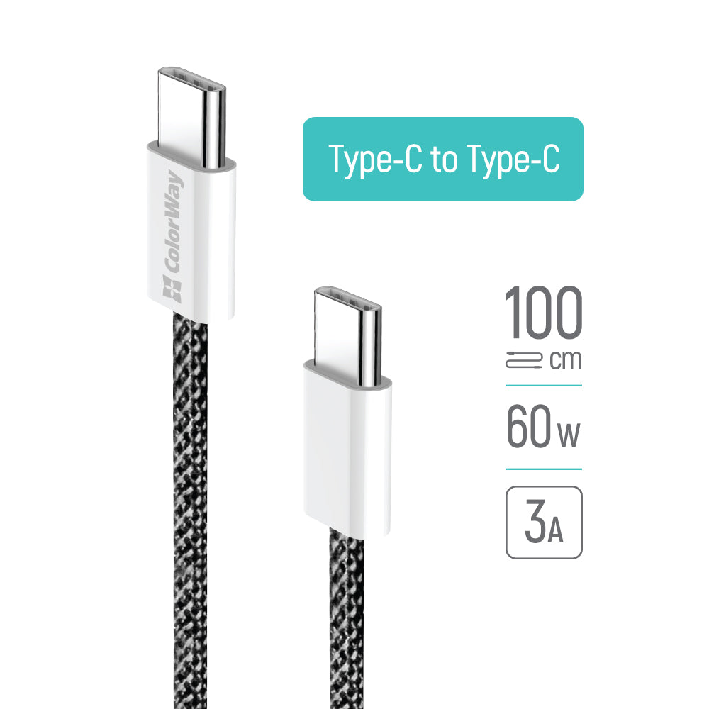 Dátový a nabíjací kábel USB-C - USB-C ColorWay CW-CBPDCC061, 60W, 1m, čierny