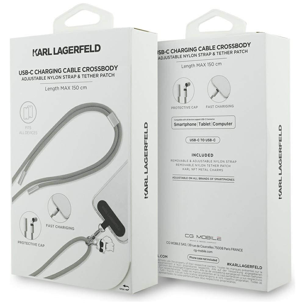 Dátový a nabíjací kábel USB-C - USB-C Karl Lagerfeld Choupette Charm, 100W, 1,5m, Sivý