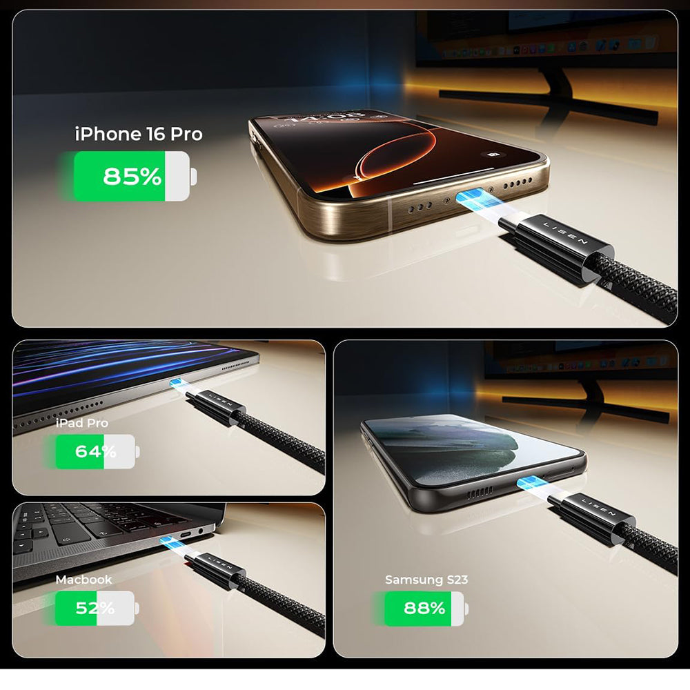 USB-C Data and Charging Cable - USB-C Lisen, 60W, Set of 5 pieces (2 x 1m, 2 x 2m, 1 x 3m), Black YL0123070010