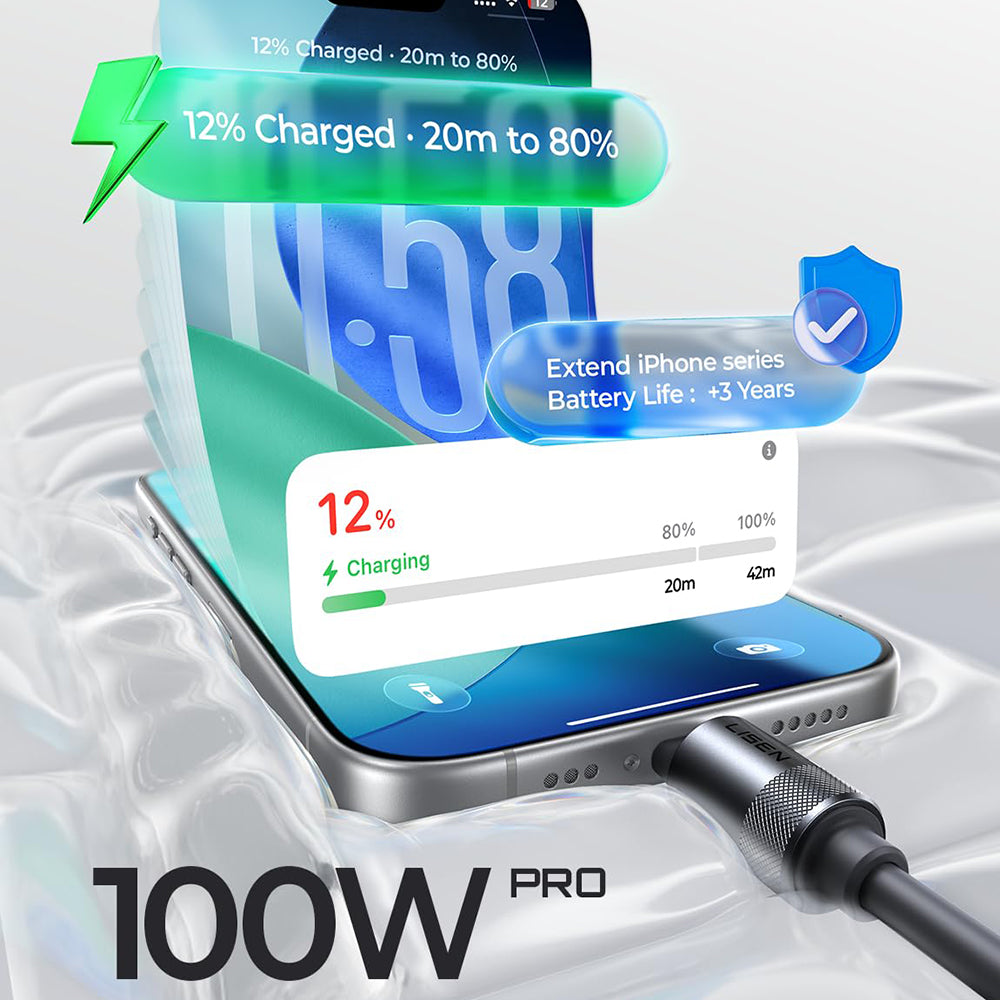 Dátový a nabíjací kábel USB-C - USB-C Lisen L115, 100W, 3m, sivý YL0126010031