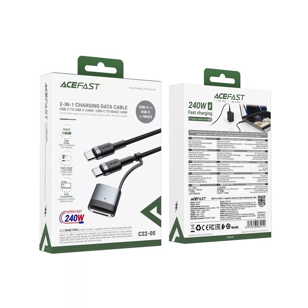 Nabíjací kábel Acefast, USB-C - USB-C / MagSafe 3, 240W, 1.2m, čierny