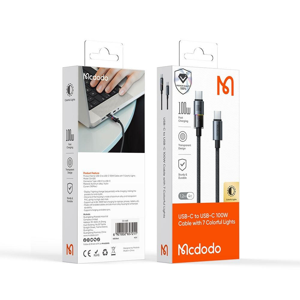 Dátový a nabíjací kábel USB-C - USB-C McDodo CA-8200 Colorful, 100W, 1.2m, Čierny