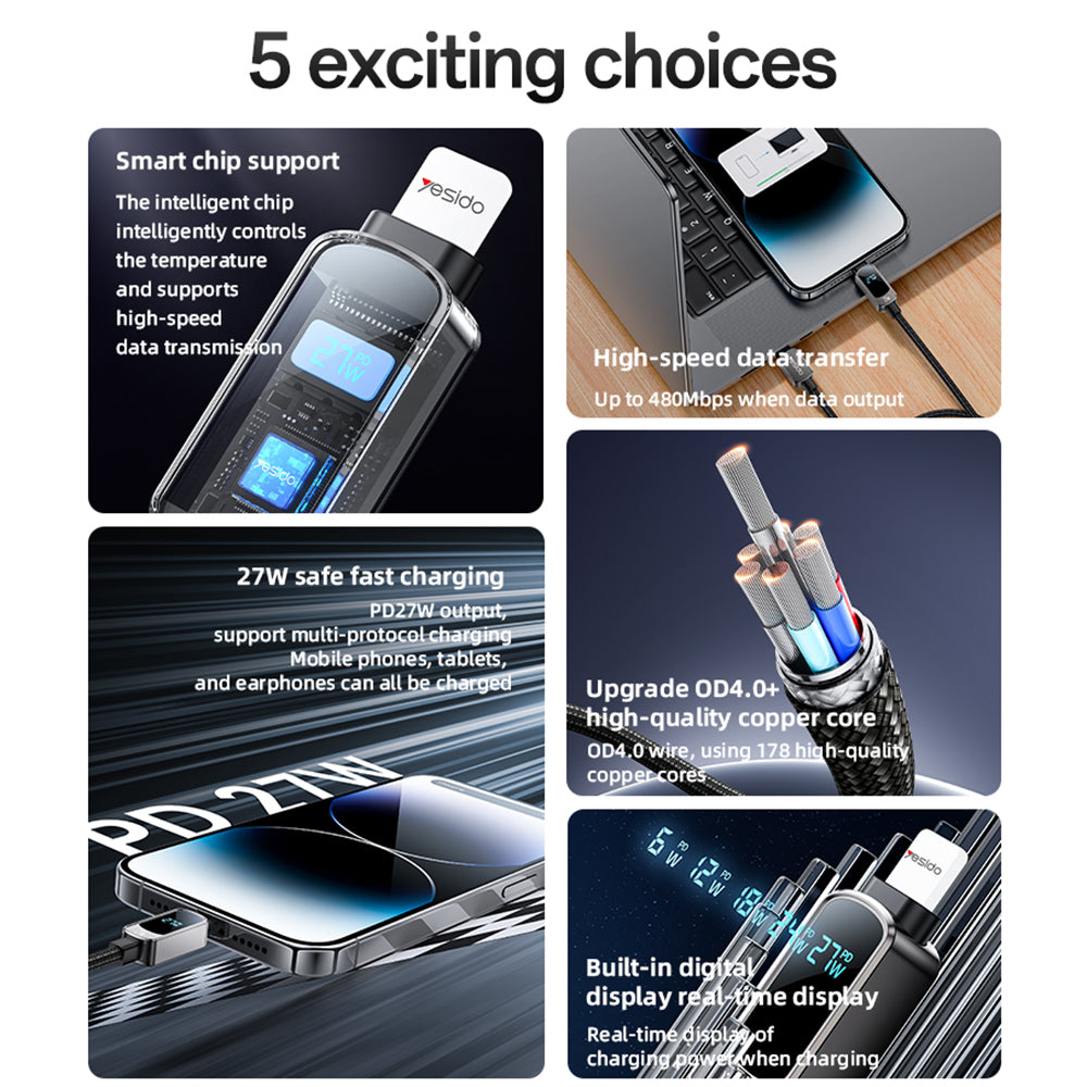 Dátový a nabíjací kábel USB-C - USB-C Yesido CA180 Display, 27W, 1.2m, čierny